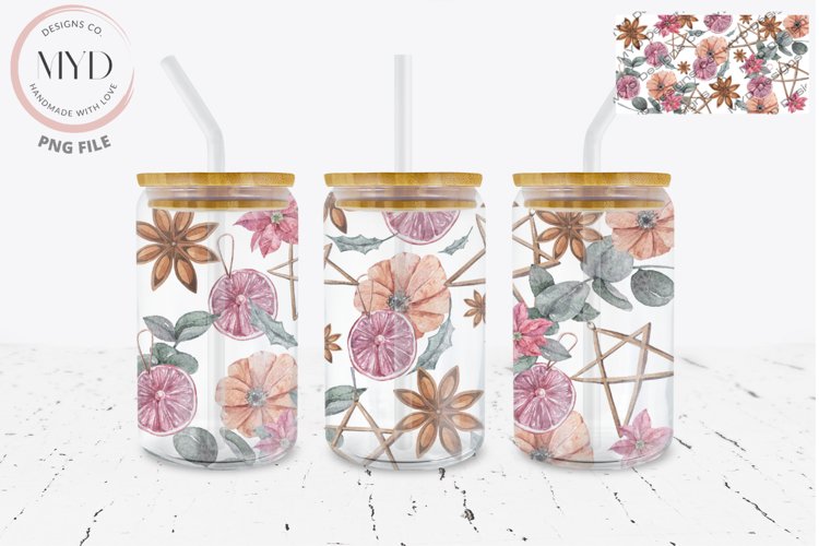 Glass Can 16oz Holiday Florals, Fruit Sublimation Tumbler