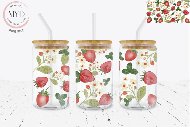Glass Can 16oz Libbey Strawberry Sublimation Tumbler Wrap