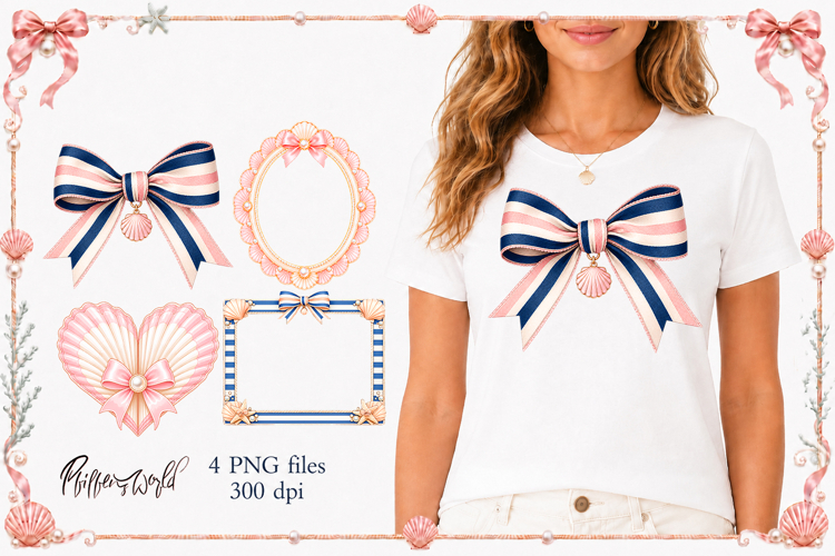 Girly Coastal Clipart PNG | Coquette Frames and Bow