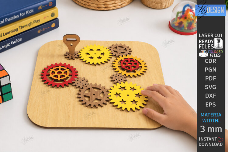 Wooden Gear Puzzle Laser Cut | Montessori Toy | Kids Laser example image 1