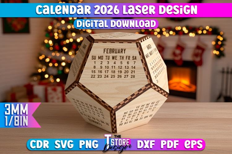 Calendar 2026 Laser Cut Design|Dodecahedron Calendar SVG