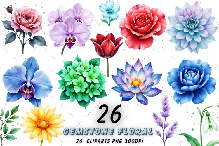 Gemstone Floral Fusion Clipart Bundle | Watercolor Crystal