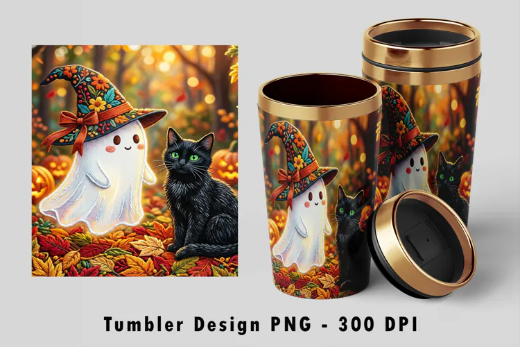 Witch Ghost Tumbler Wrap PNG Black Cat Sublimation Design