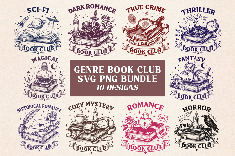 Book Club SVG Bundle - 10 Genre Social Club Bookish Designs