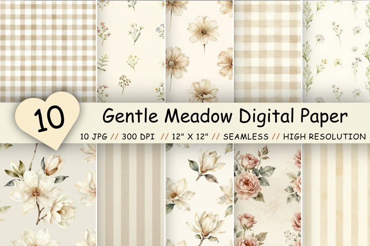 Gentle Meadow Digital Paper Pack, Neutral Floral Seamless