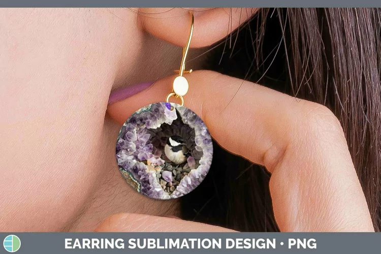 Geode 3D Chickadee Round Earrings | Sublimation Earrings Des