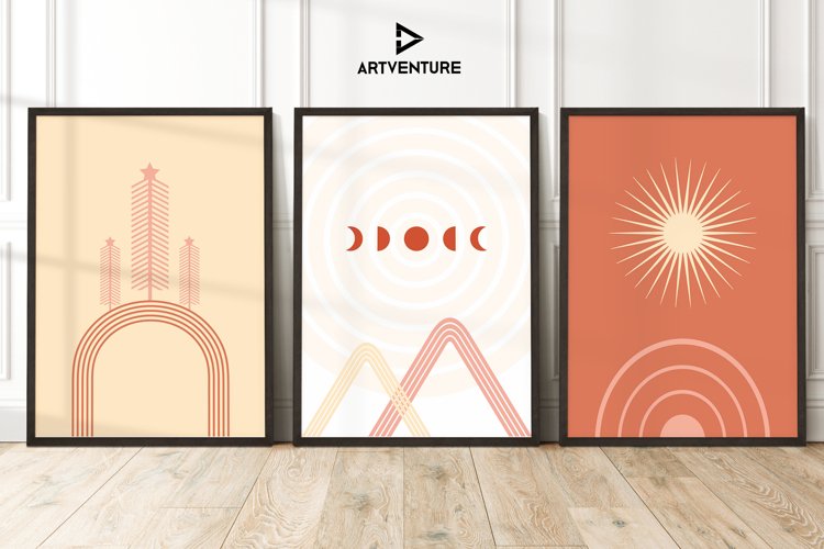 Boho landscape wall art / set of 3 Sun, moon and mountain