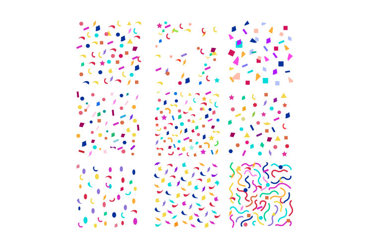 Colorful geometric confetti patterns decorating white backgr