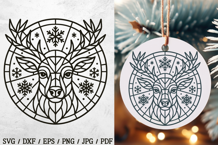 Geometric Deer Snowflake SVG, Christmas Ornament PNG File