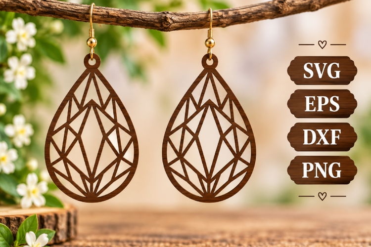 Geometric Diamond Earring Teardrop Crystal Cut Wood SVG