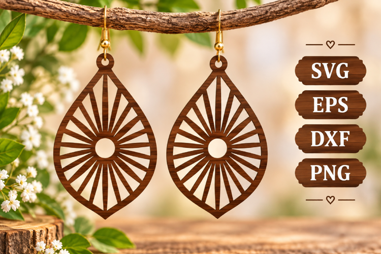 Geometric Sunburst Earring Teardrop Starburst Wood Laser SVG