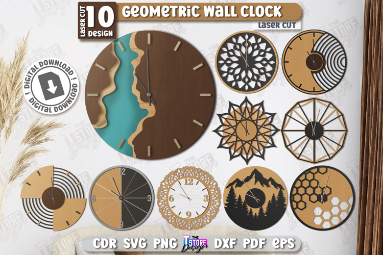 Geometric Wooden Wall Clock Laser Cut Bundle, Modern Decor