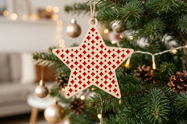 Geometric Wood Christmas Star SVG Diamond Ornament example image 1