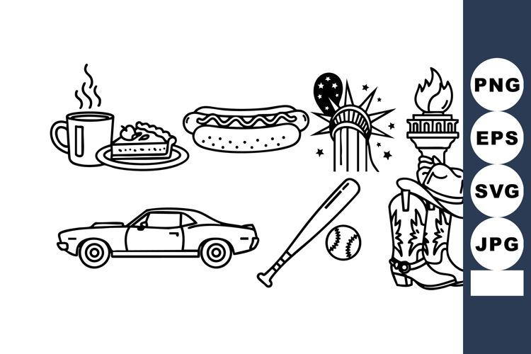 American culture icons vector set with Statue of Liberty, co