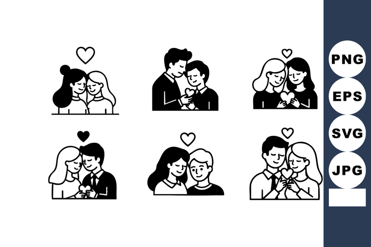 Loving couples in affectionate poses with hearts above heads