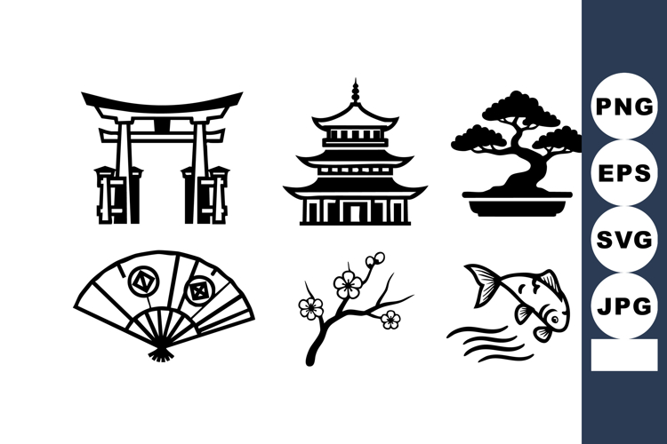 Japanese cultural symbols including torii gate, pagoda, bons