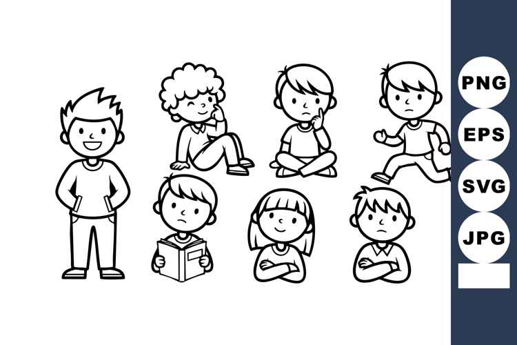 Children with various expressions and activities in simple b