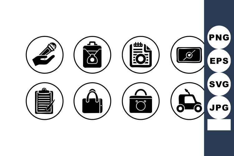 Business and office icon set featuring clipboard, shopping b