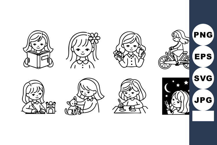 Cute little girl reading cycling playing and sleeping simple example image 1