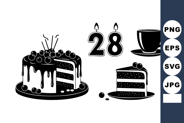 Monochrome Flat Dessert Set - Cake, 28 Candles, Coffee Cup