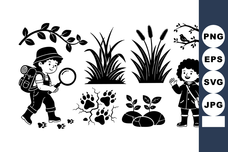 Flat Black Silhouette Children Exploring Nature Trail Vector