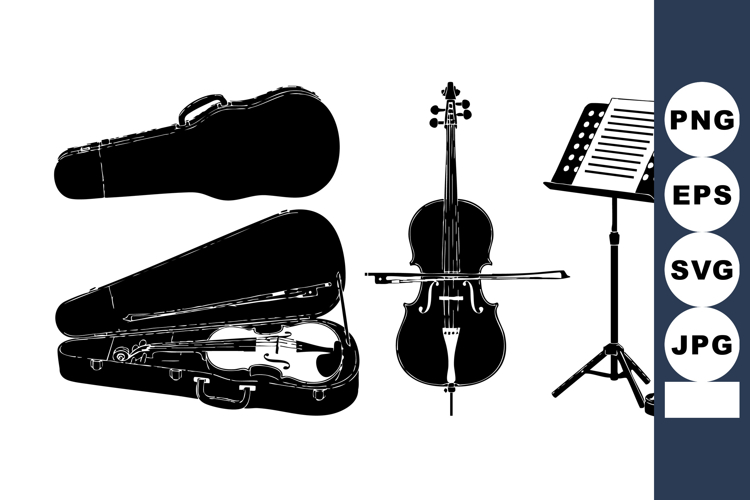 Monochrome Flat String Instruments Vector Set Side View