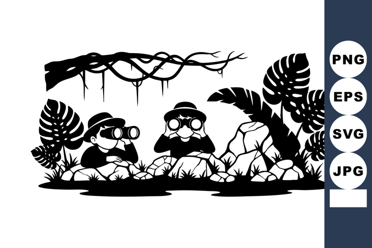 Two Jungle Explorers Silhouette with Binoculars