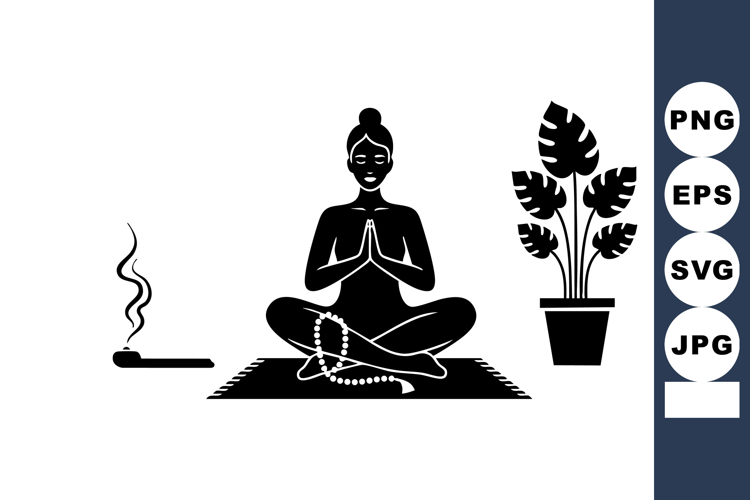 Black Minimal Yoga Vector Woman in Lotus Pose with Monstera