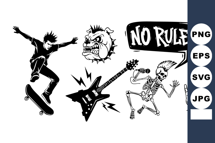 Punk Flash Vector Pack: Skateboarder, Bulldog, Guitar