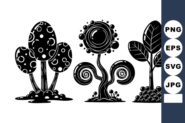 Monochrome Fantasy Trees with Bubble Crowns and Spirals