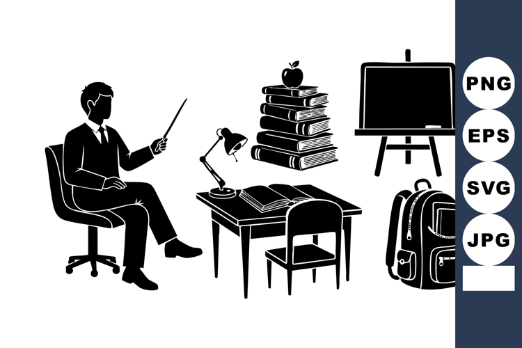 Minimalist Black School Silhouette Set - Teacher Desk Icons