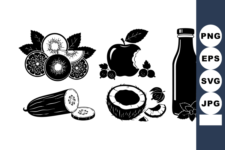 Monochrome Flat Juice Label Set with Fruit Silhouettes