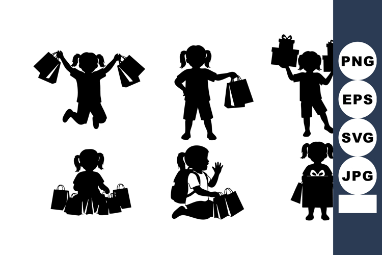 Little Girl Shopping Silhouette Clipart Set
