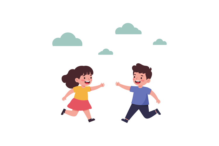 Two joyful children running towards each other in a playful