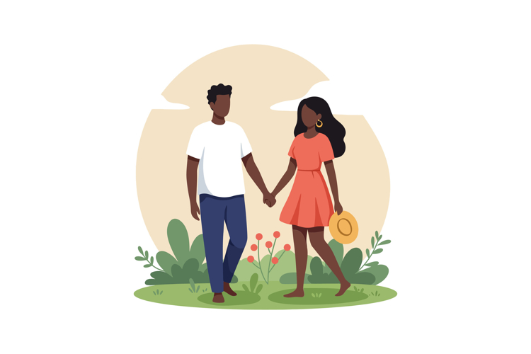 Couple walking hand in hand in a lush garden, minimalistic d