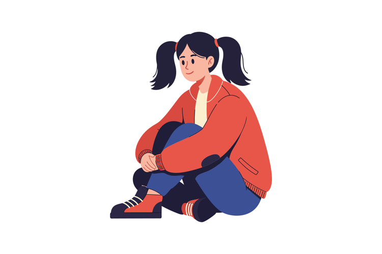 A girl sitting on the floor in casual clothing, flat design