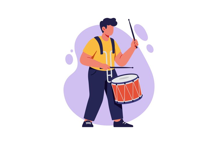 Young male drummer in yellow shirt playing a snare drum with