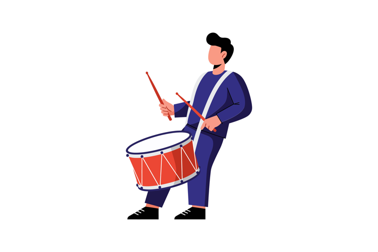 Drummer playing a red snare drum in a flat and colorful vect