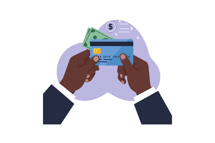Hands holding a credit card and cash in a flat digital payme example image 1