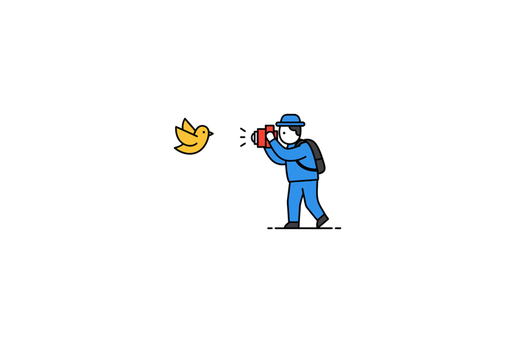 A man photographing a yellow bird in a minimalist flat vecto