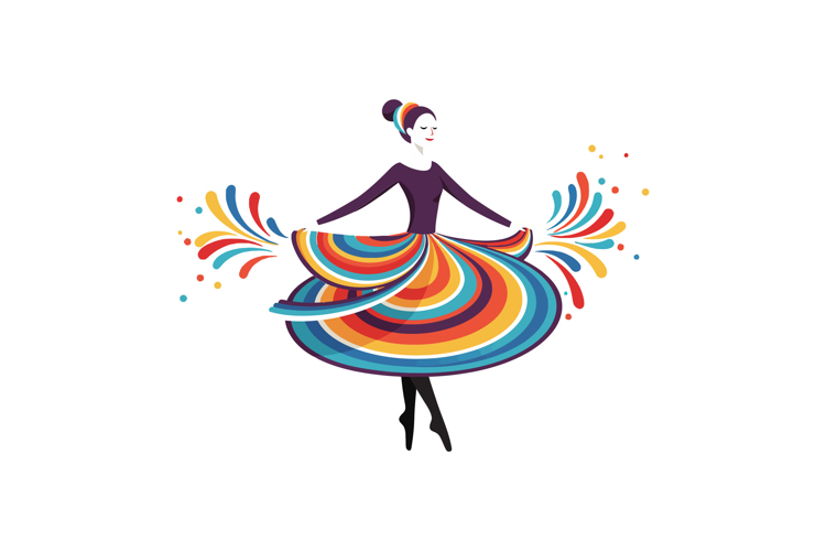 Colorful dancing woman in a swirling dress, minimal flat des