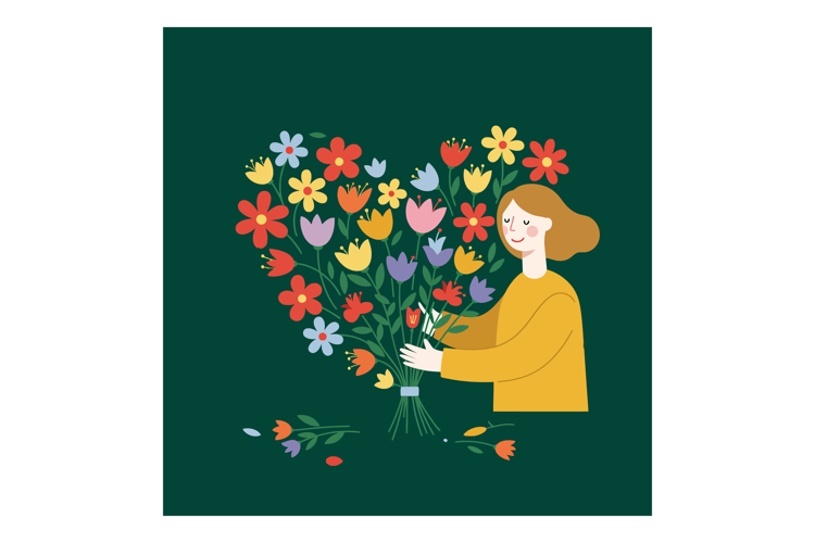 A woman joyfully arranging a colorful bouquet of flowers in