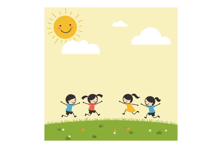 Four happy children running joyfully in a sunny field, flat example image 1