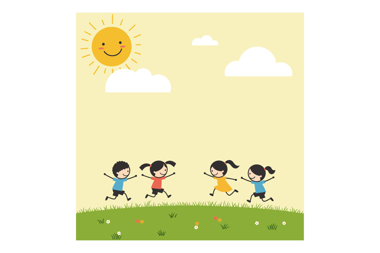 Four happy children running joyfully in a sunny field, flat
