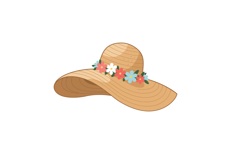 A wide-brimmed straw hat adorned with colorful flowers in a