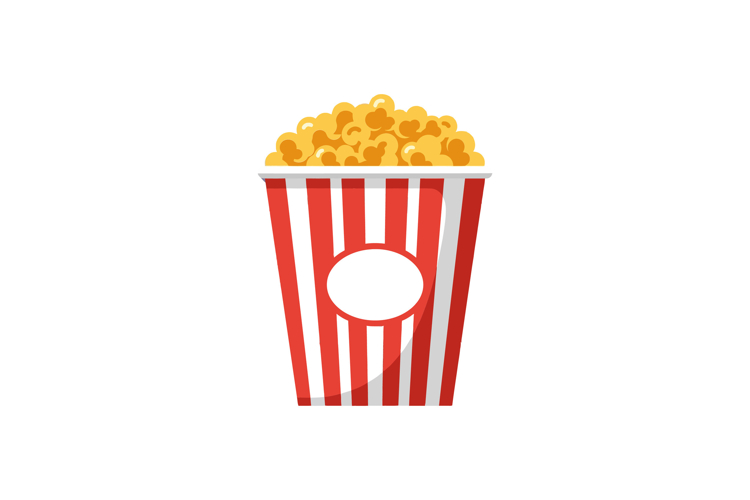 Popcorn in a red and white striped container featuring a min