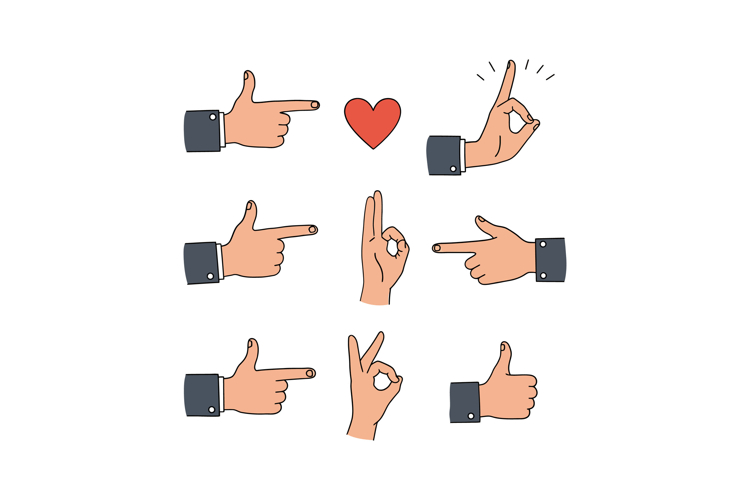 Collection of gesturing hands forming symbols in a playful f