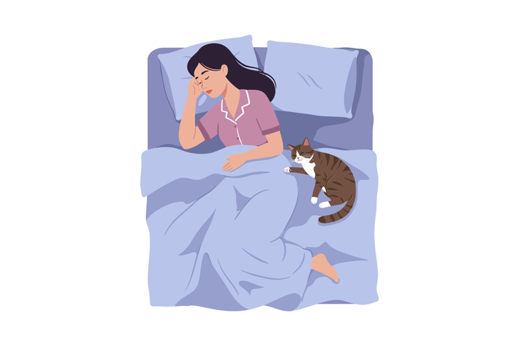 Woman peacefully sleeping in a cozy bed beside a relaxed cat