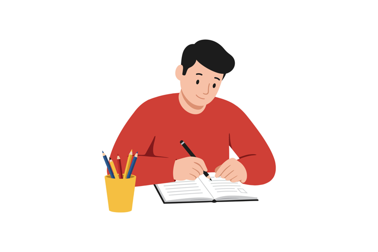 Person writing in a notebook with colorful pencils in flat v