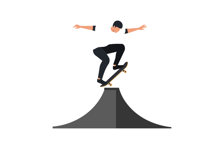 Skateboarder performing tricks on ramp in minimal vector ill